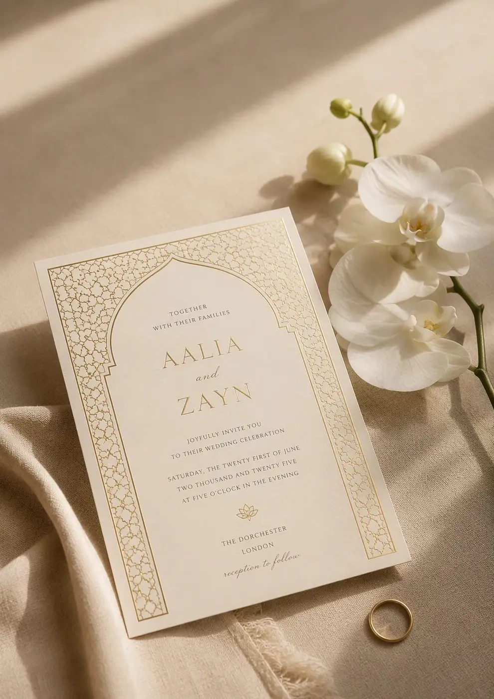 Ivory and gold-foil wedding invitation on linen with orchids